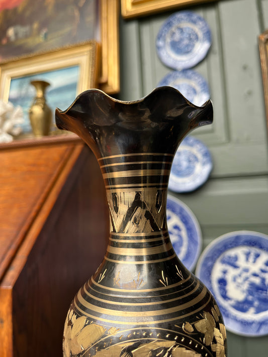Vintage 1960s Brass Footed Etched Vase