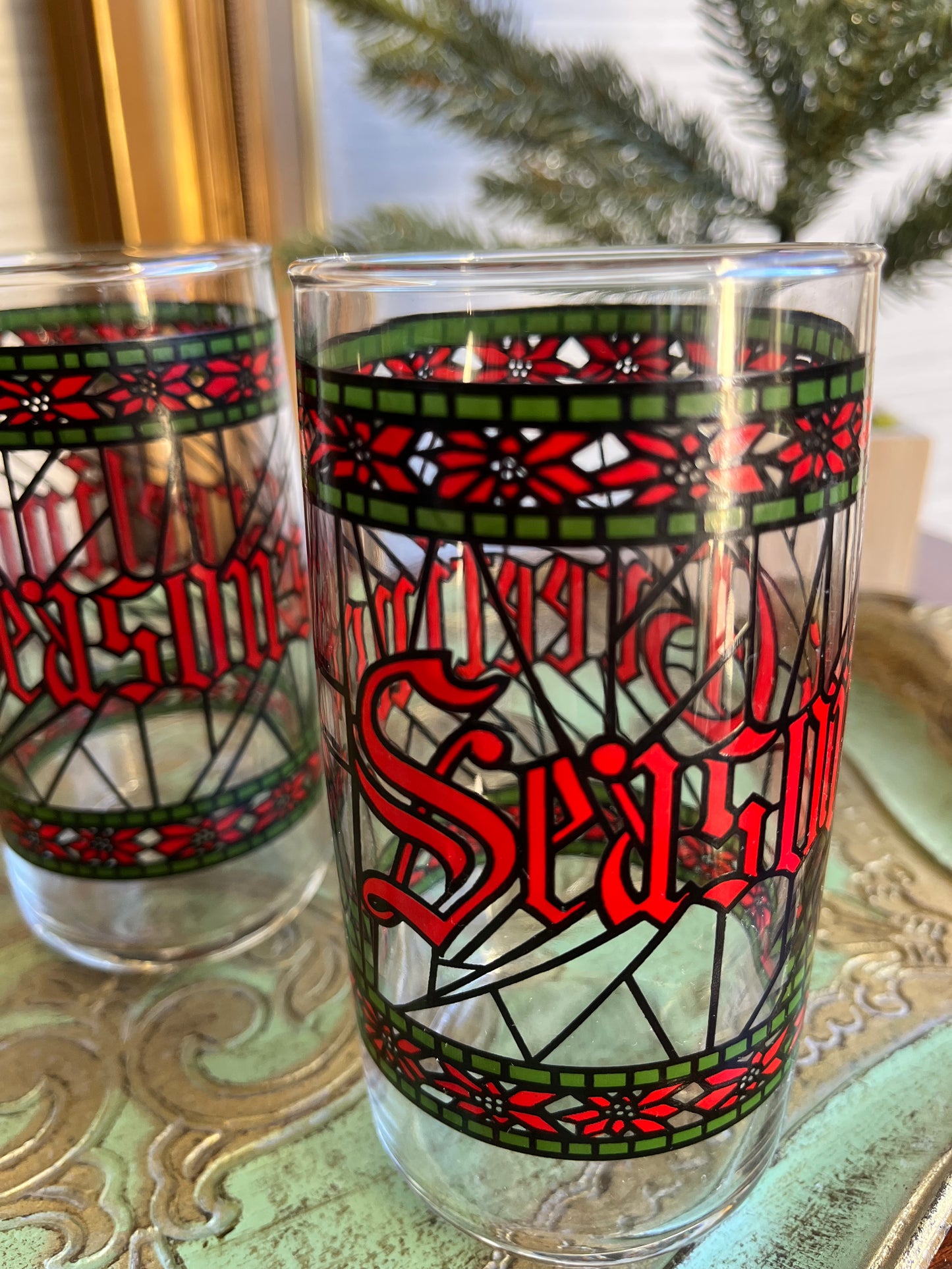 Vintage Season’s Greetings Stained Glass Tumblers by Houze Set Of 6 Glasses