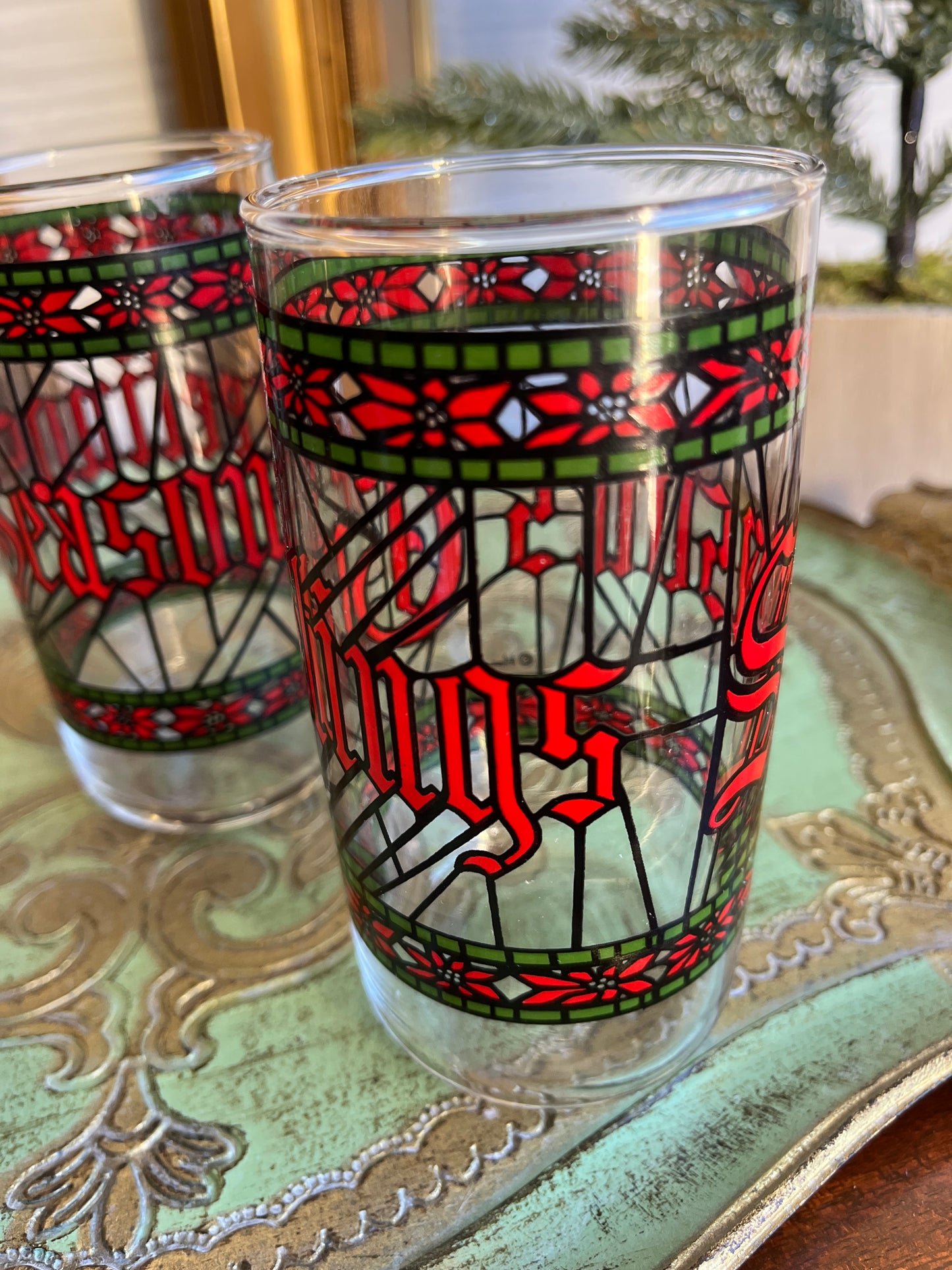 Vintage Season’s Greetings Stained Glass Tumblers by Houze Set Of 6 Glasses