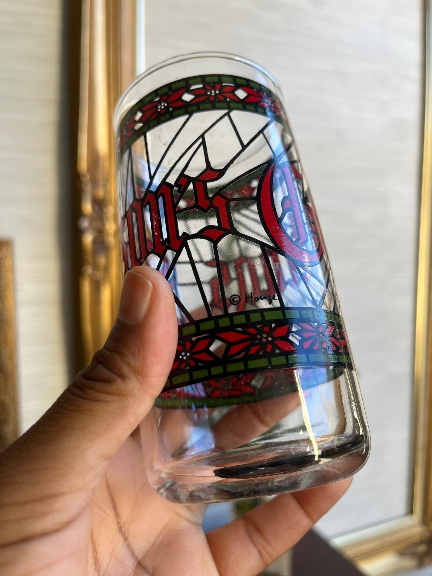 Vintage Season’s Greetings Stained Glass Tumblers by Houze Set Of 6 Glasses