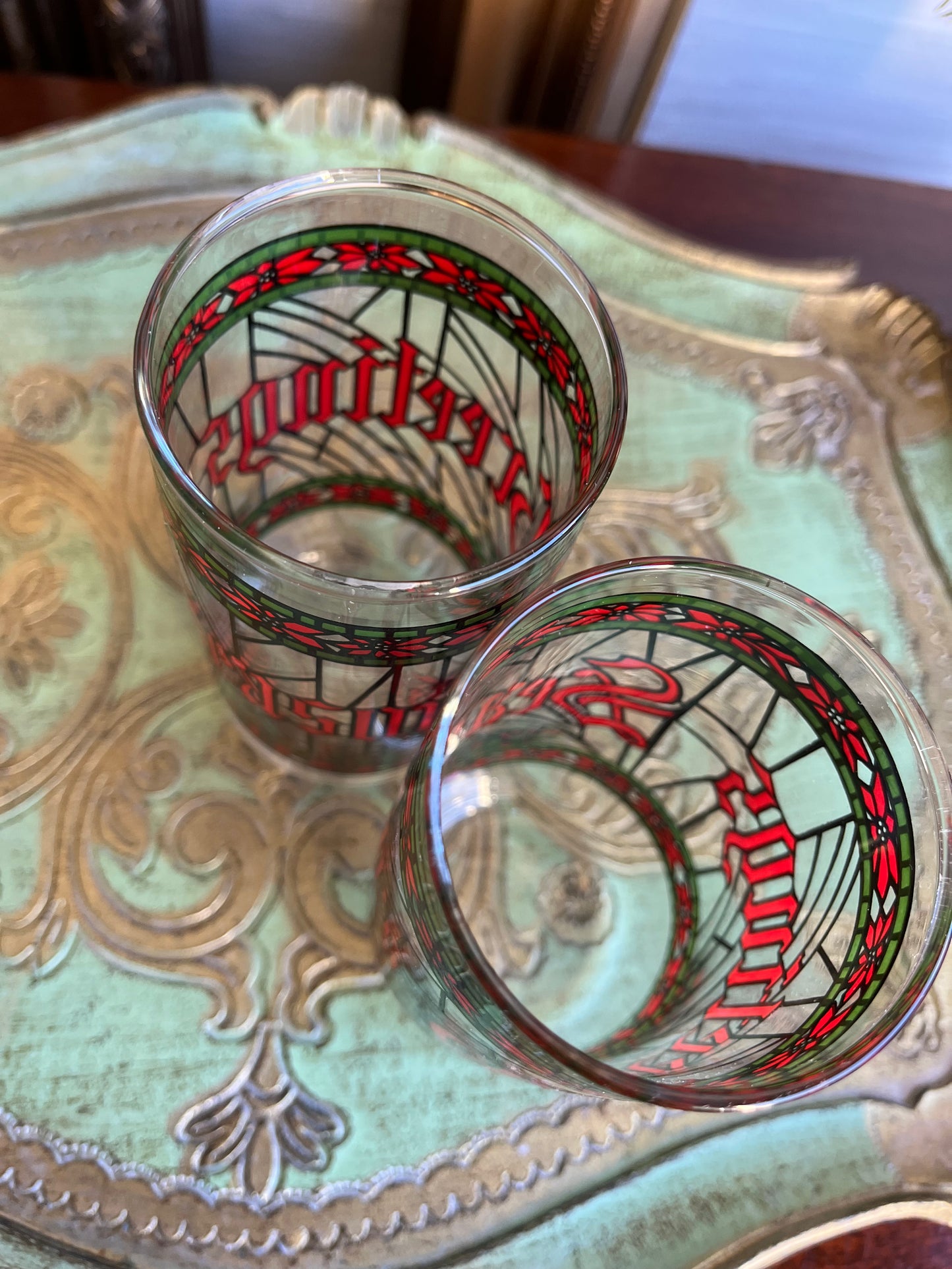 Vintage Season’s Greetings Stained Glass Tumblers by Houze Set Of 6 Glasses