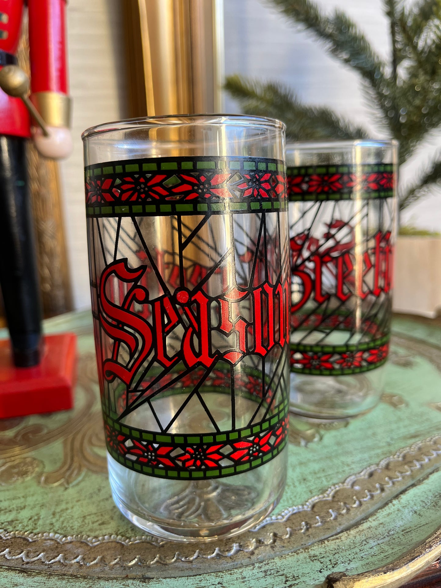 Vintage Season’s Greetings Stained Glass Tumblers by Houze Set Of 6 Glasses