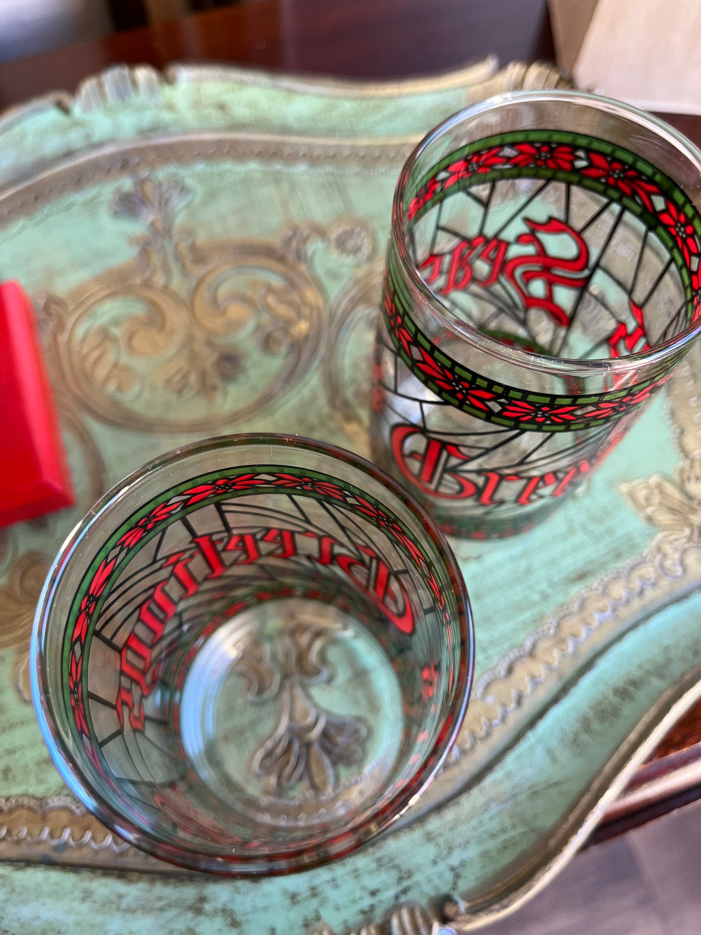 Vintage Season’s Greetings Stained Glass Tumblers by Houze Set Of 6 Glasses
