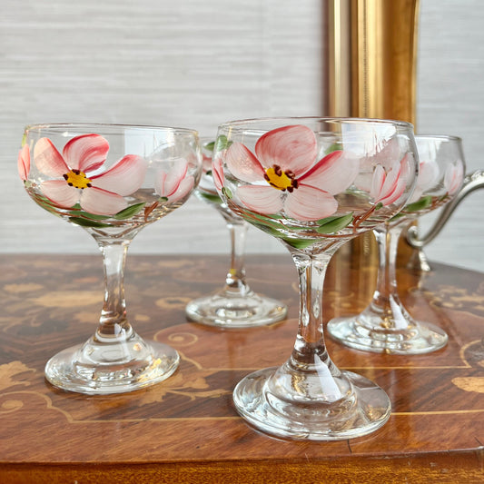 Vintage Hand Painted Pink Desert Rose Franciscan Champagne Sherbet Coupe Glasses Set of 4