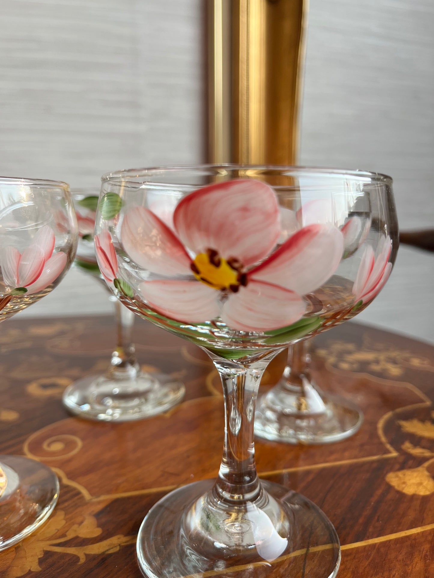Vintage Hand Painted Pink Desert Rose Franciscan Champagne Sherbet Coupe Glasses Set of 4