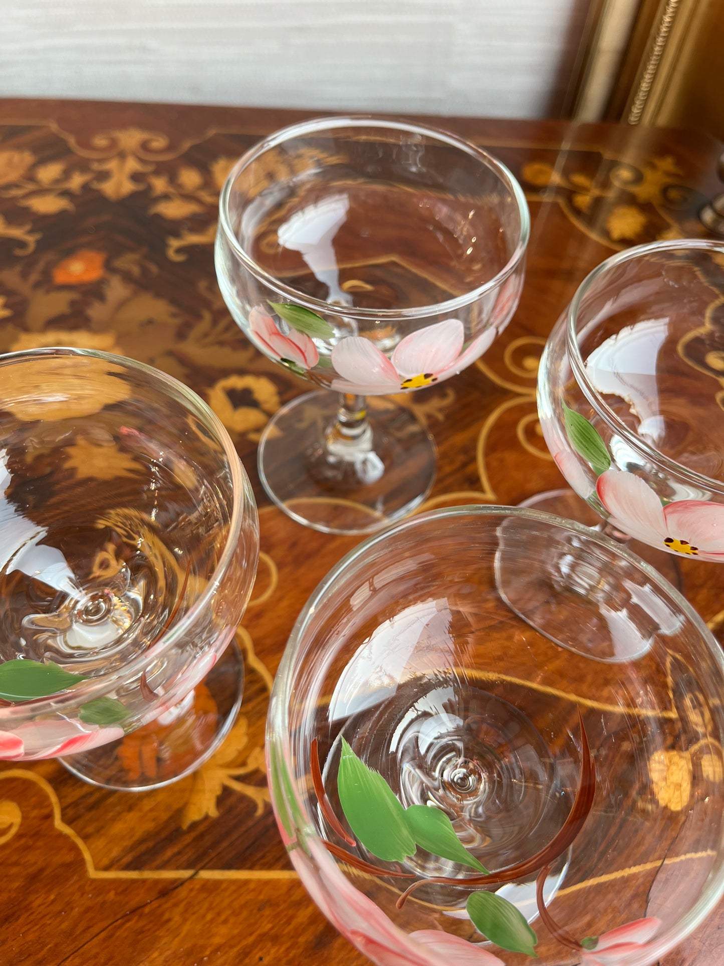 Vintage Hand Painted Pink Desert Rose Franciscan Champagne Sherbet Coupe Glasses Set of 4