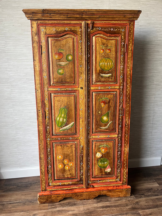 Antique Early 1900s Folk Art Solid Hardwood Hand Painted Fruits Corner Cabinet