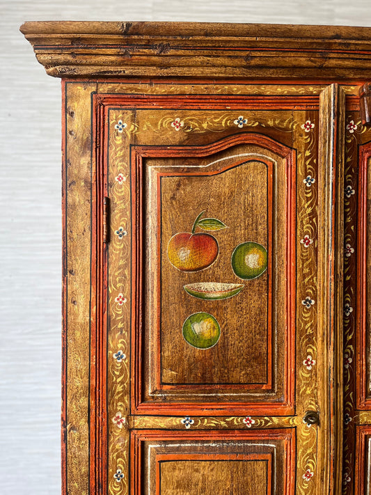 Antique Early 1900s Folk Art Solid Hardwood Hand Painted Fruits Corner Cabinet