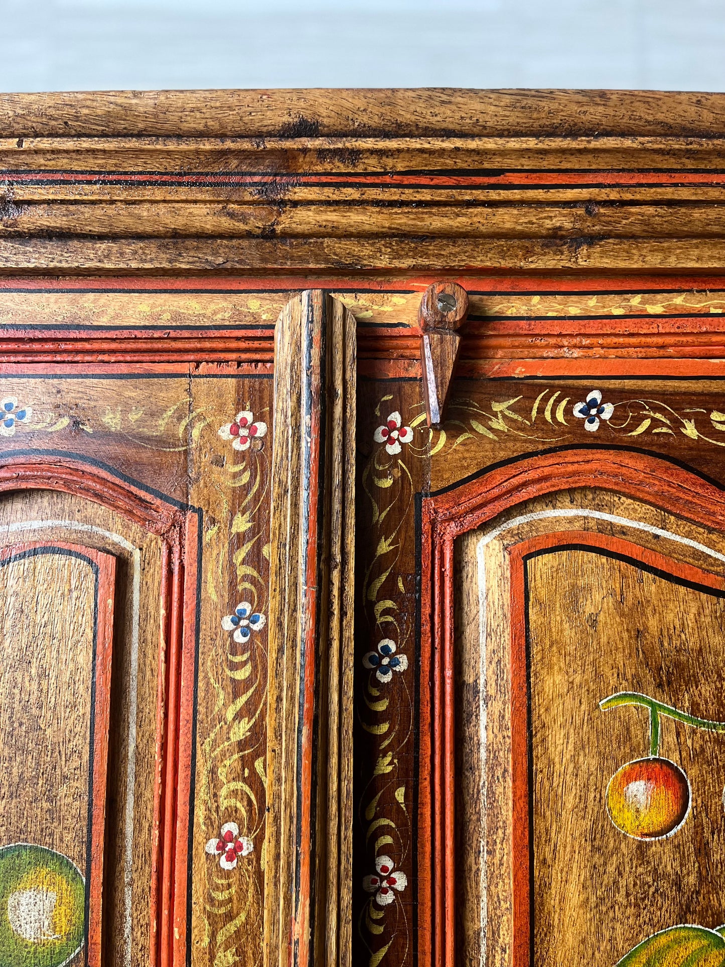 Antique Early 1900s Folk Art Solid Hardwood Hand Painted Fruits Corner Cabinet