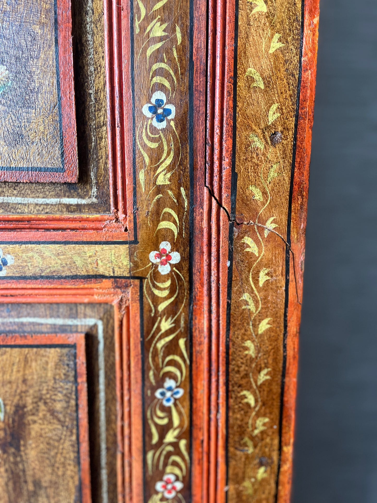 Antique Early 1900s Folk Art Solid Hardwood Hand Painted Fruits Corner Cabinet