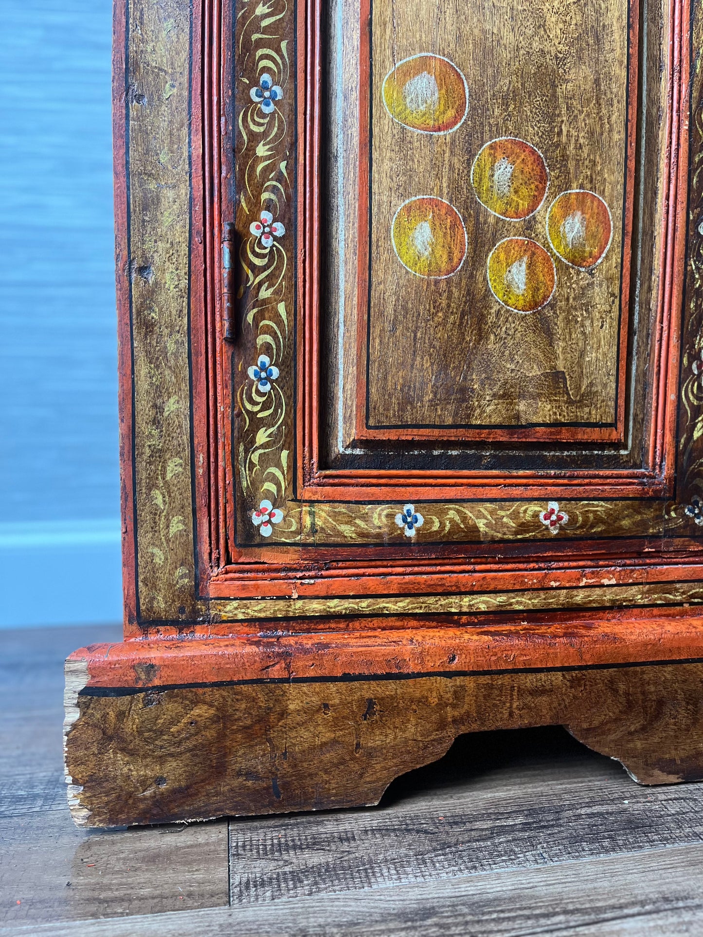 Antique Early 1900s Folk Art Solid Hardwood Hand Painted Fruits Corner Cabinet