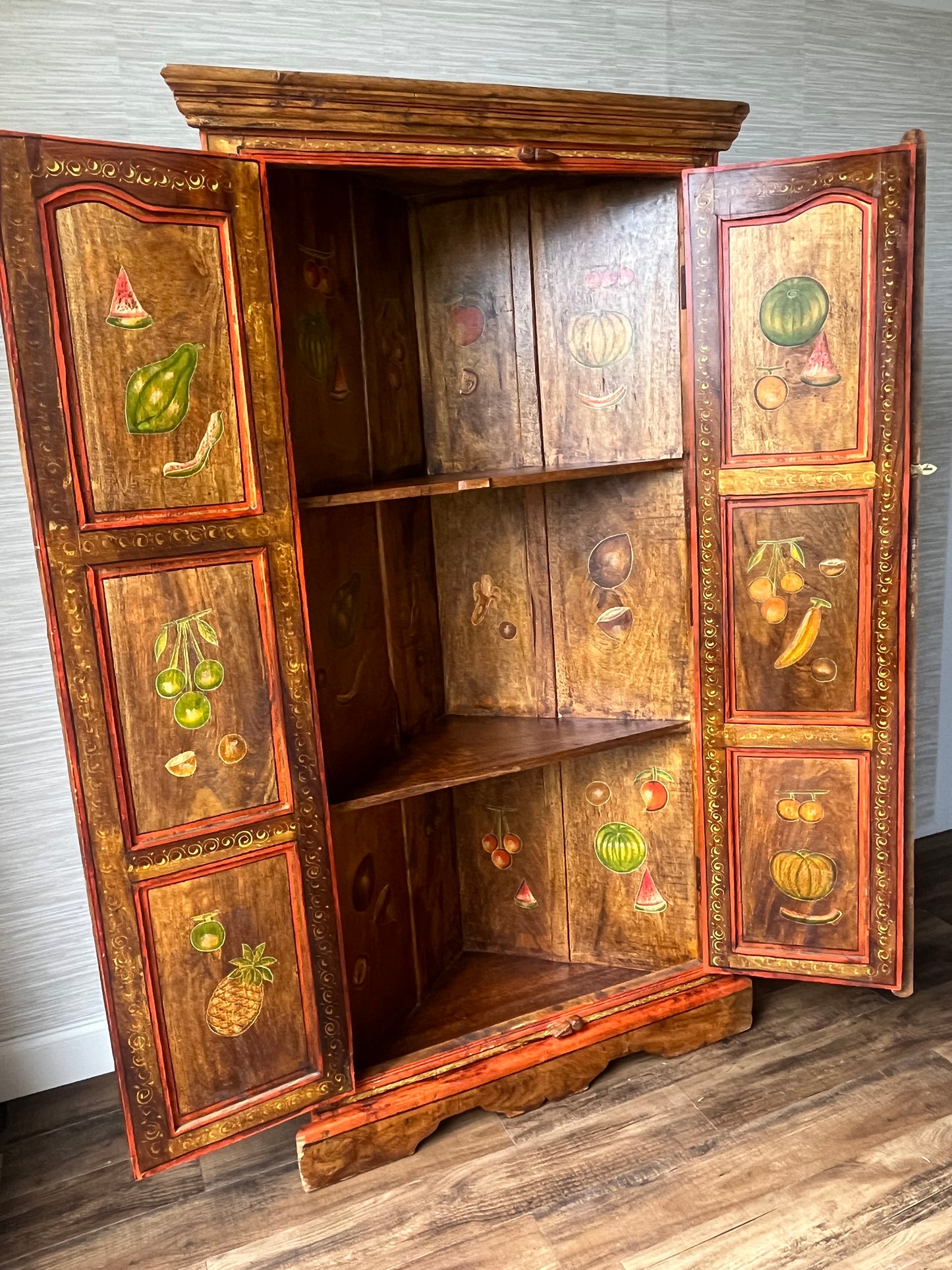 Antique Early 1900s Folk Art Solid Hardwood Hand Painted Fruits Corner Cabinet