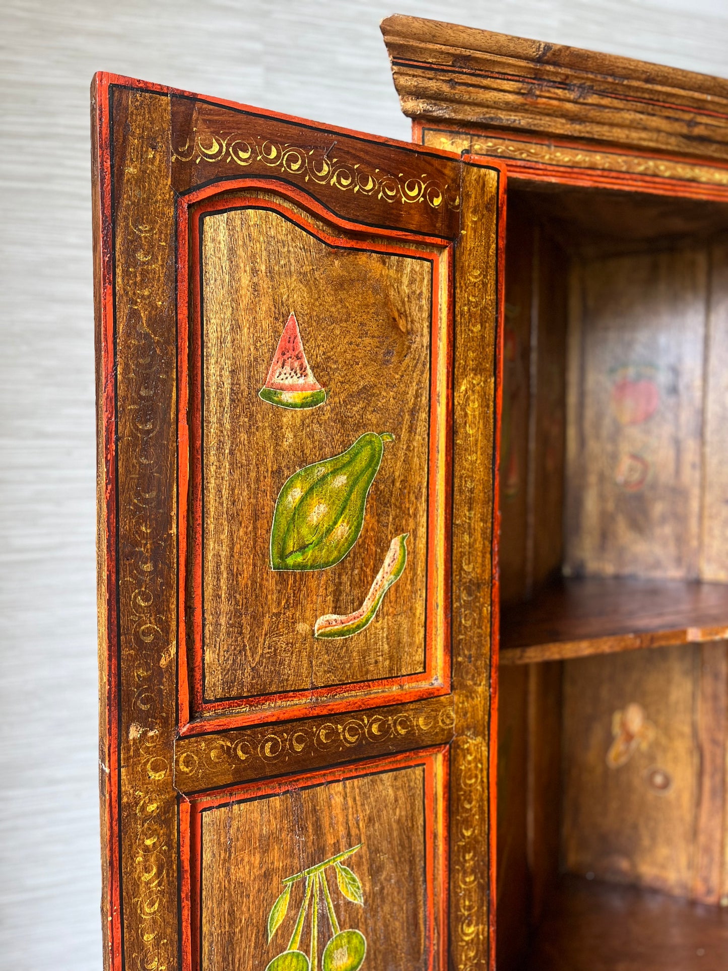 Antique Early 1900s Folk Art Solid Hardwood Hand Painted Fruits Corner Cabinet