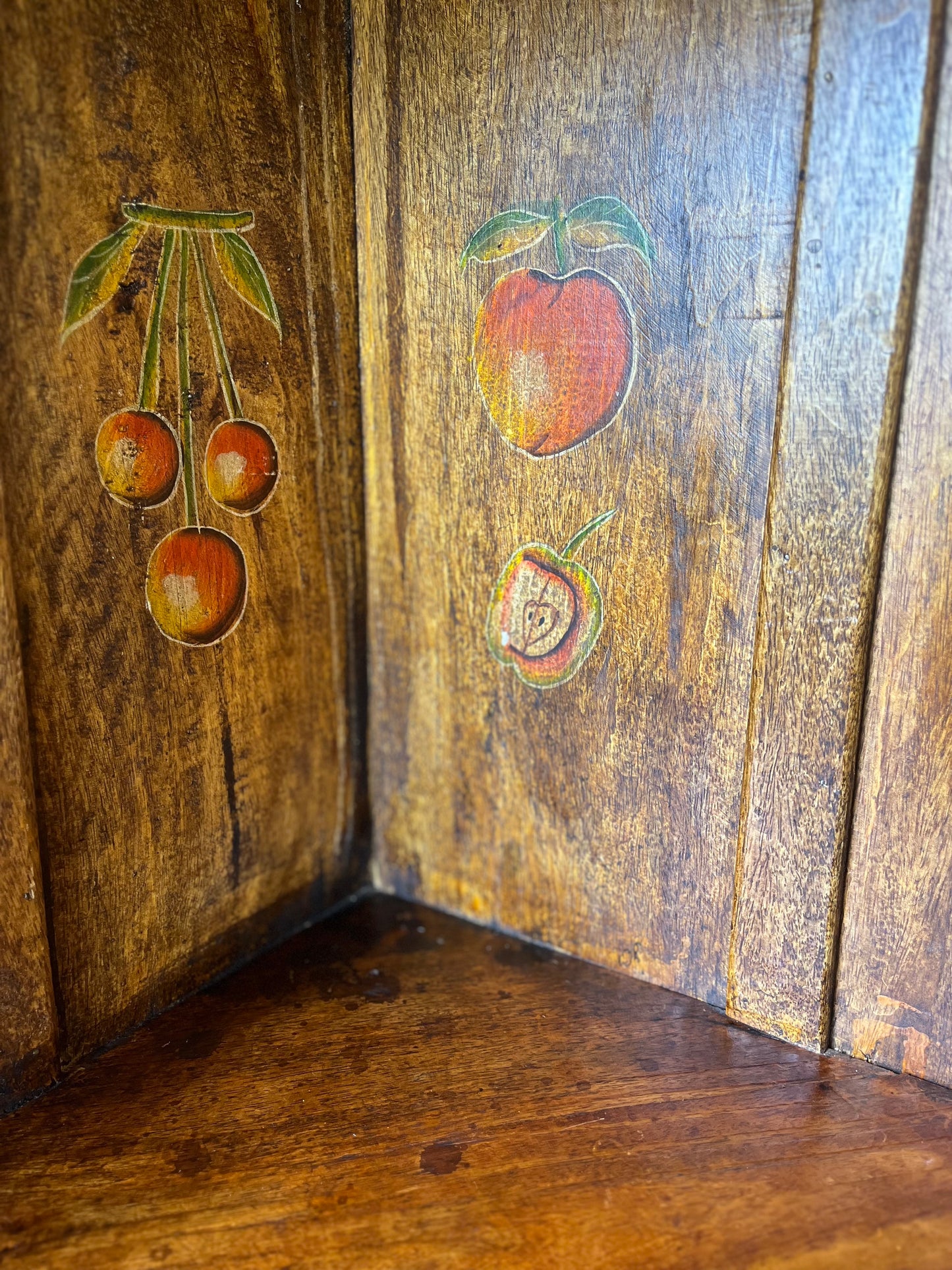 Antique Early 1900s Folk Art Solid Hardwood Hand Painted Fruits Corner Cabinet