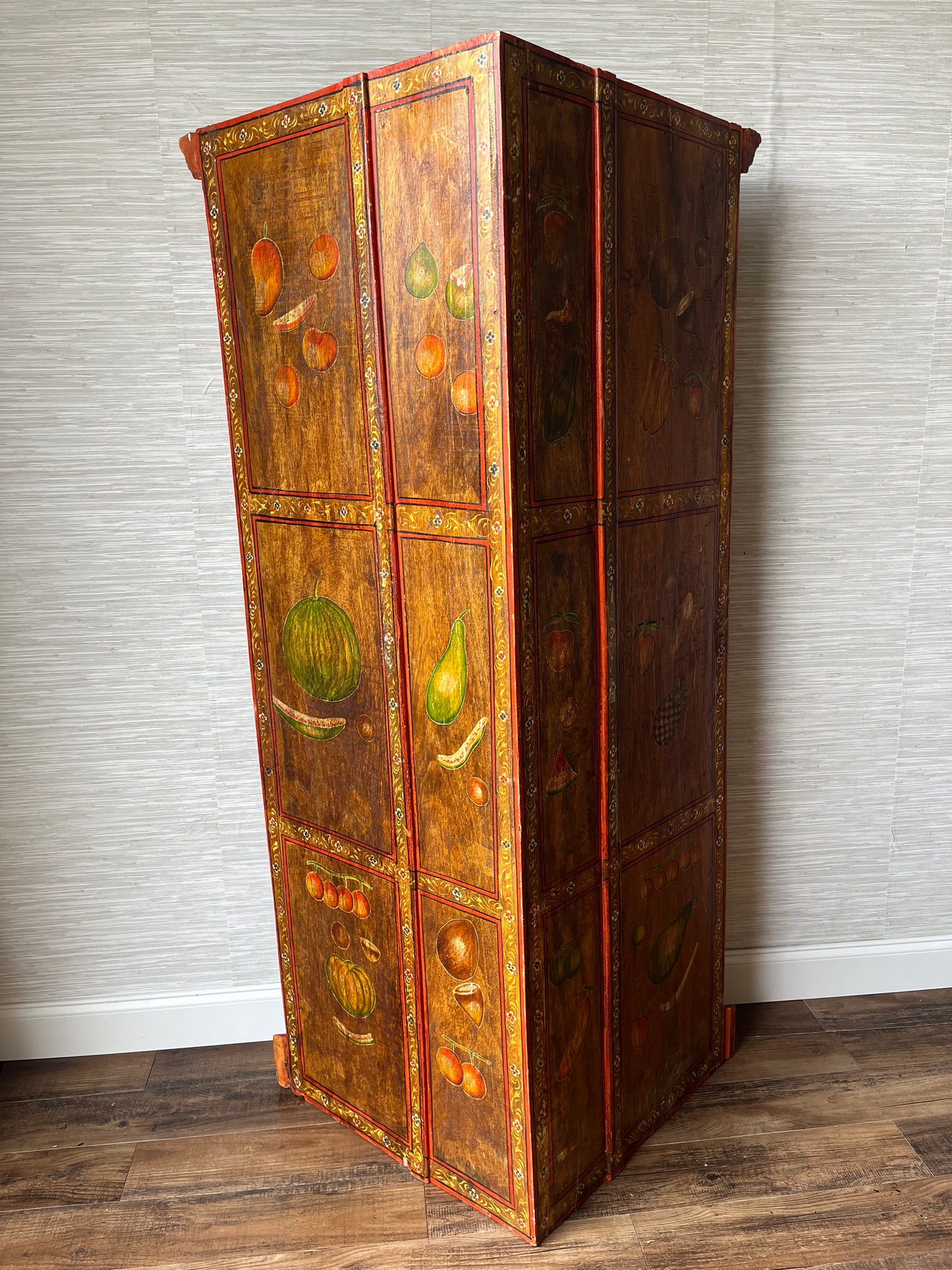Antique Early 1900s Folk Art Solid Hardwood Hand Painted Fruits Corner Cabinet
