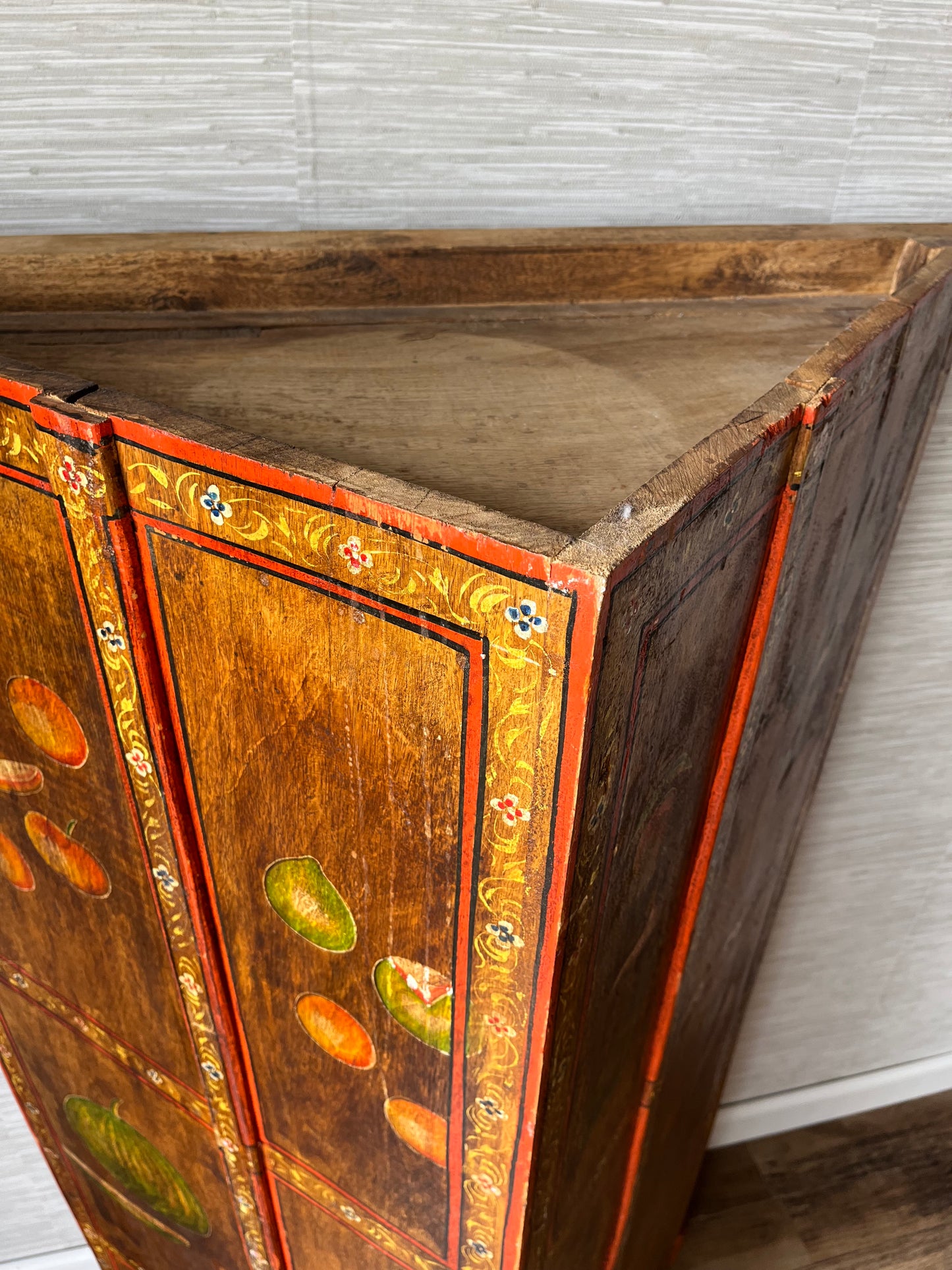 Antique Early 1900s Folk Art Solid Hardwood Hand Painted Fruits Corner Cabinet