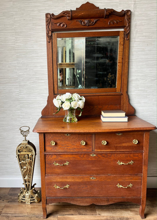 Antique Early 1900s Victorian Era Hand Carved Quartersawn Tiger Oak 4 Drawer Swivel Mirrored Dresser