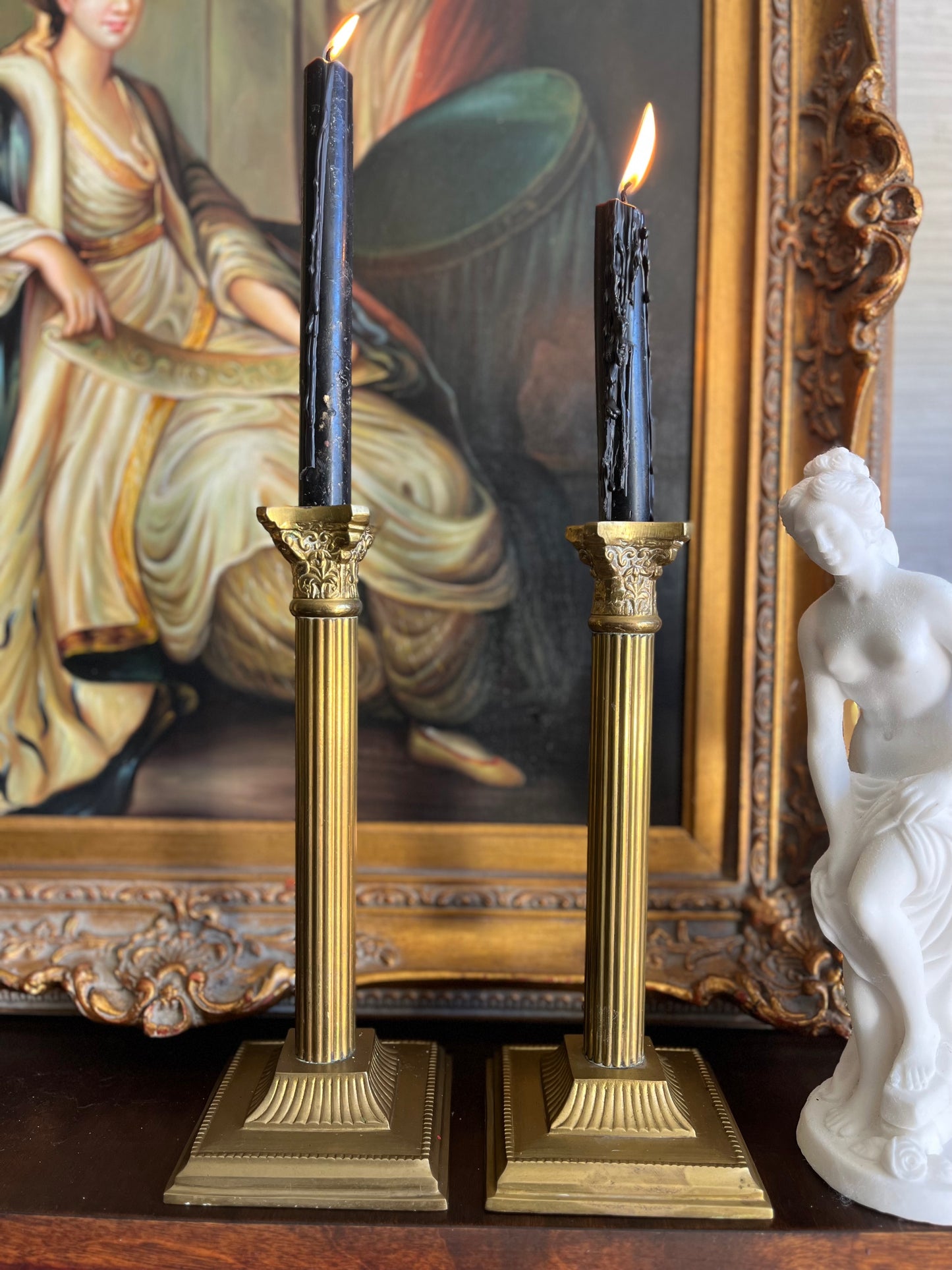 Vintage Neoclassical Brass Greek Corinthian Column Candlestick Holder Pair