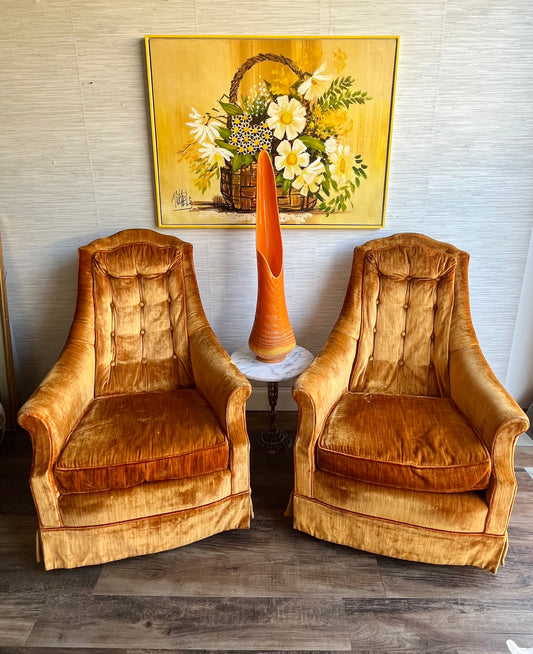 Comfy Vintage Mid Century Orange High Back Tufted Velvet Lounge Arm Chairs- a Pair