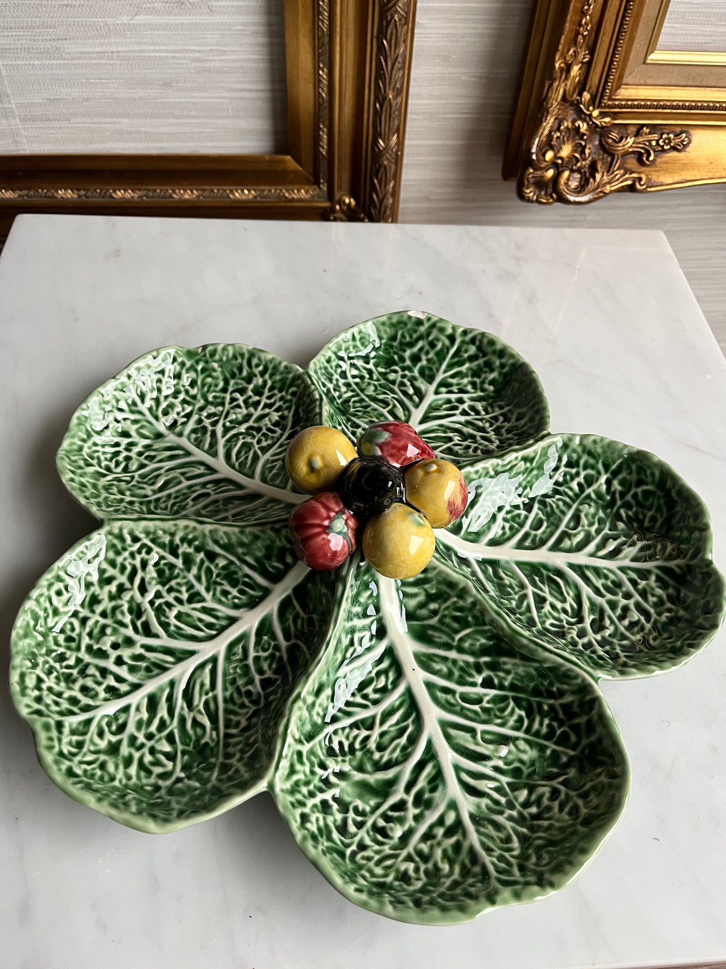 1960s Bordallo Pinheiro Cabbage and Fruits Majolica Platter in Barbott Earthenware With 5 Compartments