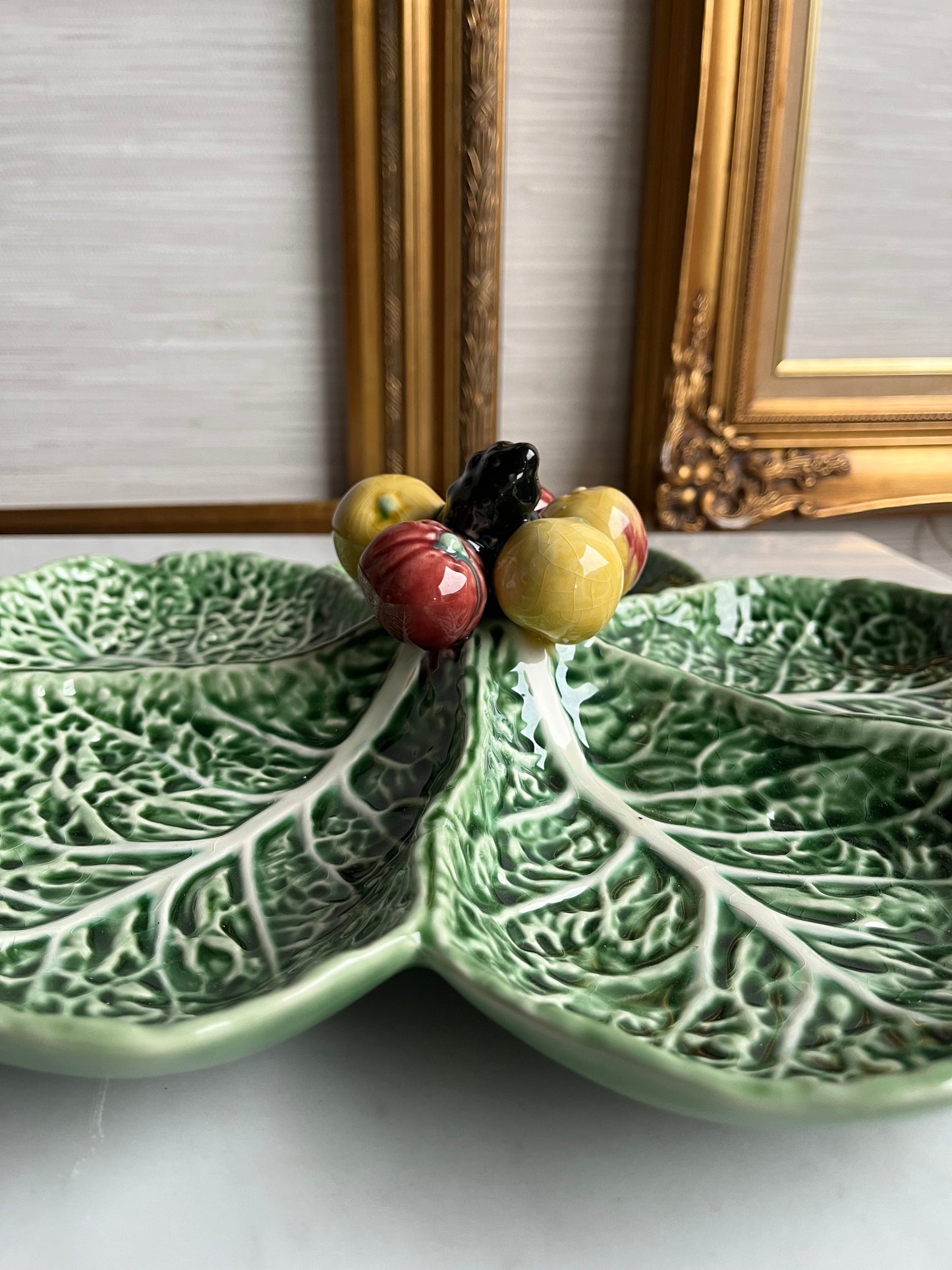 1960s Bordallo Pinheiro Cabbage and Fruits Majolica Platter in Barbott Earthenware With 5 Compartments