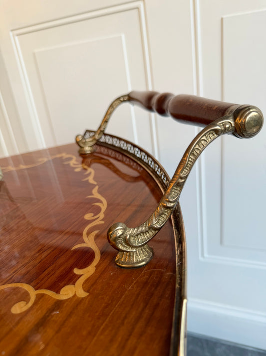 Vintage Italian Marquetry Bar Cart with Brass Gallery & Wheels | Vintage Folding Drop Leaf Wood Serving Trolley with Bottle Holders