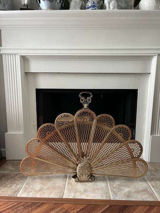 Vintage Solid Brass Pineapple Folding Fan Fireplace Screen