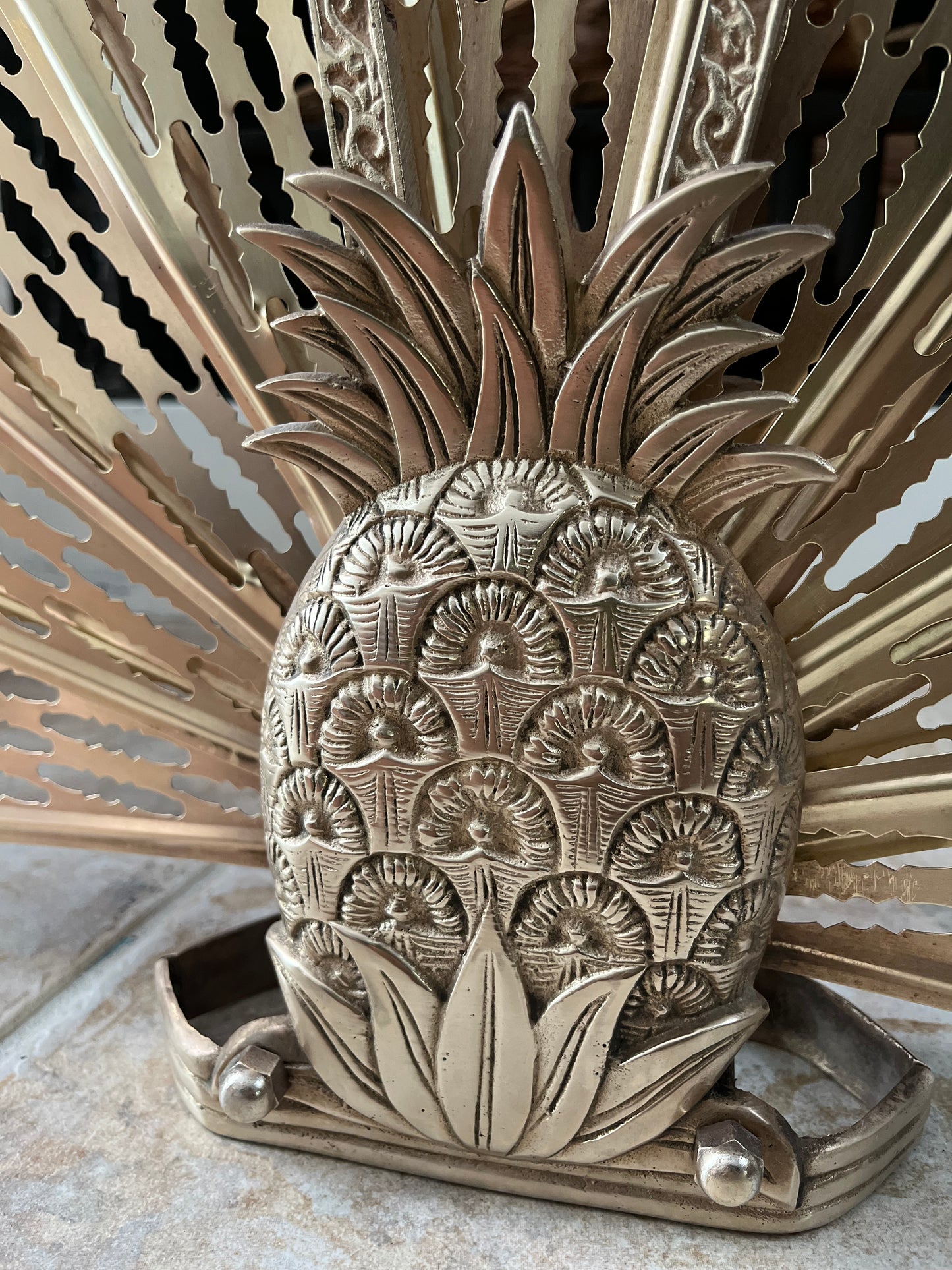 Vintage Solid Brass Pineapple Folding Fan Fireplace Screen