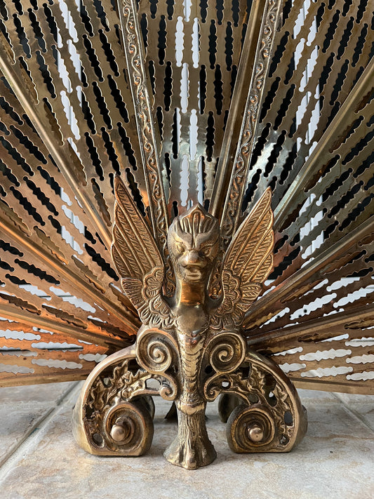 Antique Art Deco 1920s Gargoyle Griffin Brass Peacock Fireplace Folding Fan Screen