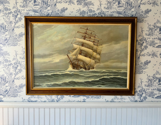 Large Vintage Clipper Ship Oil Painting on Canvas — Framed Maritime Seascape, Tall Ship Wall Art Signed J. Winfried