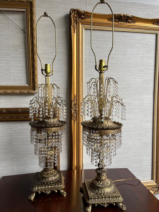 Pair of Hollywood Regency Style Brass Vintage Crystal Prism Waterfall Table Lamps by Loevsky & Loevsky - Elegant Lighting  Decor