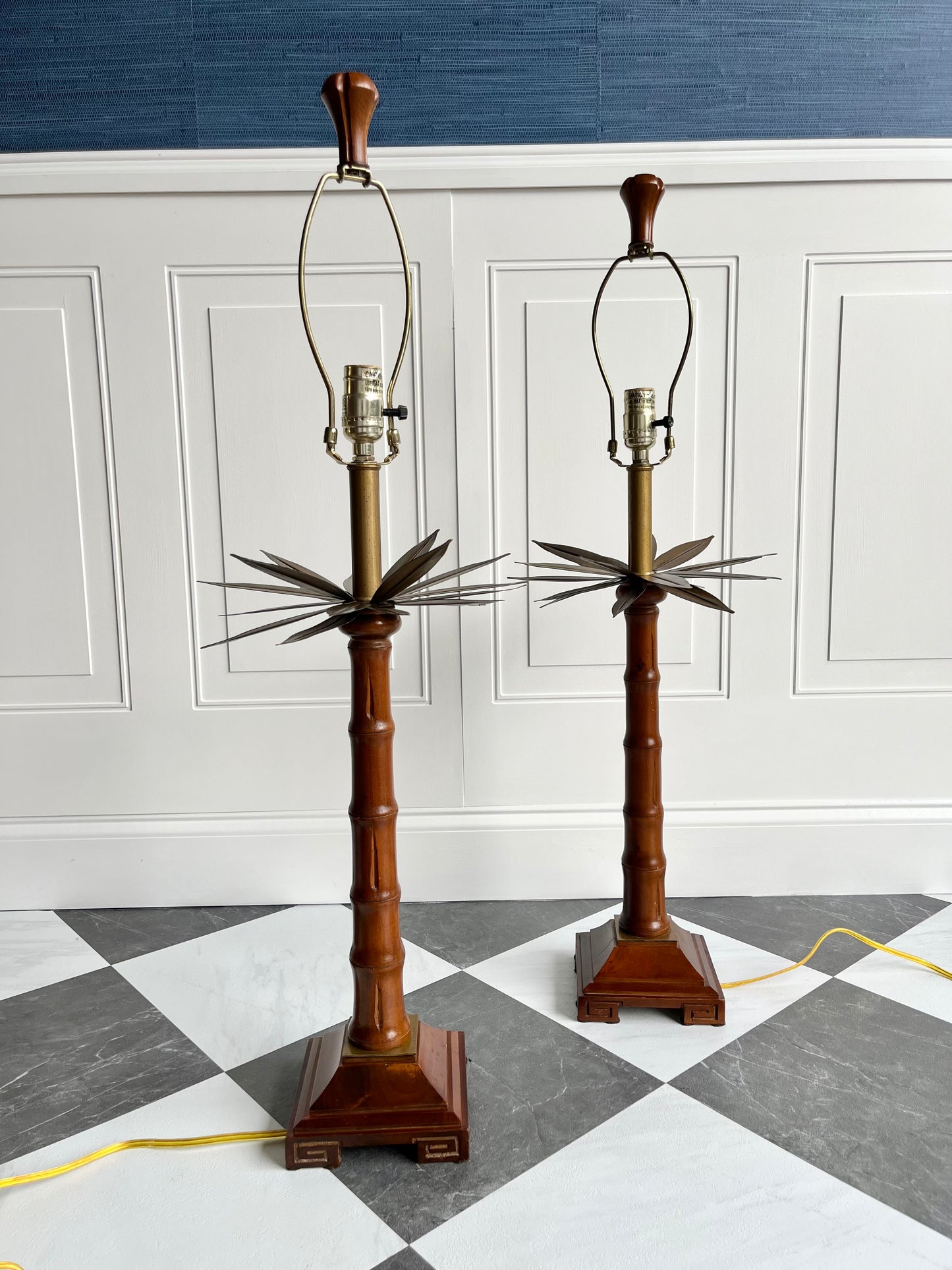 Vintage 1970s Hollywood Regency Palm Tree Faux Bamboo Table Lamps Pair