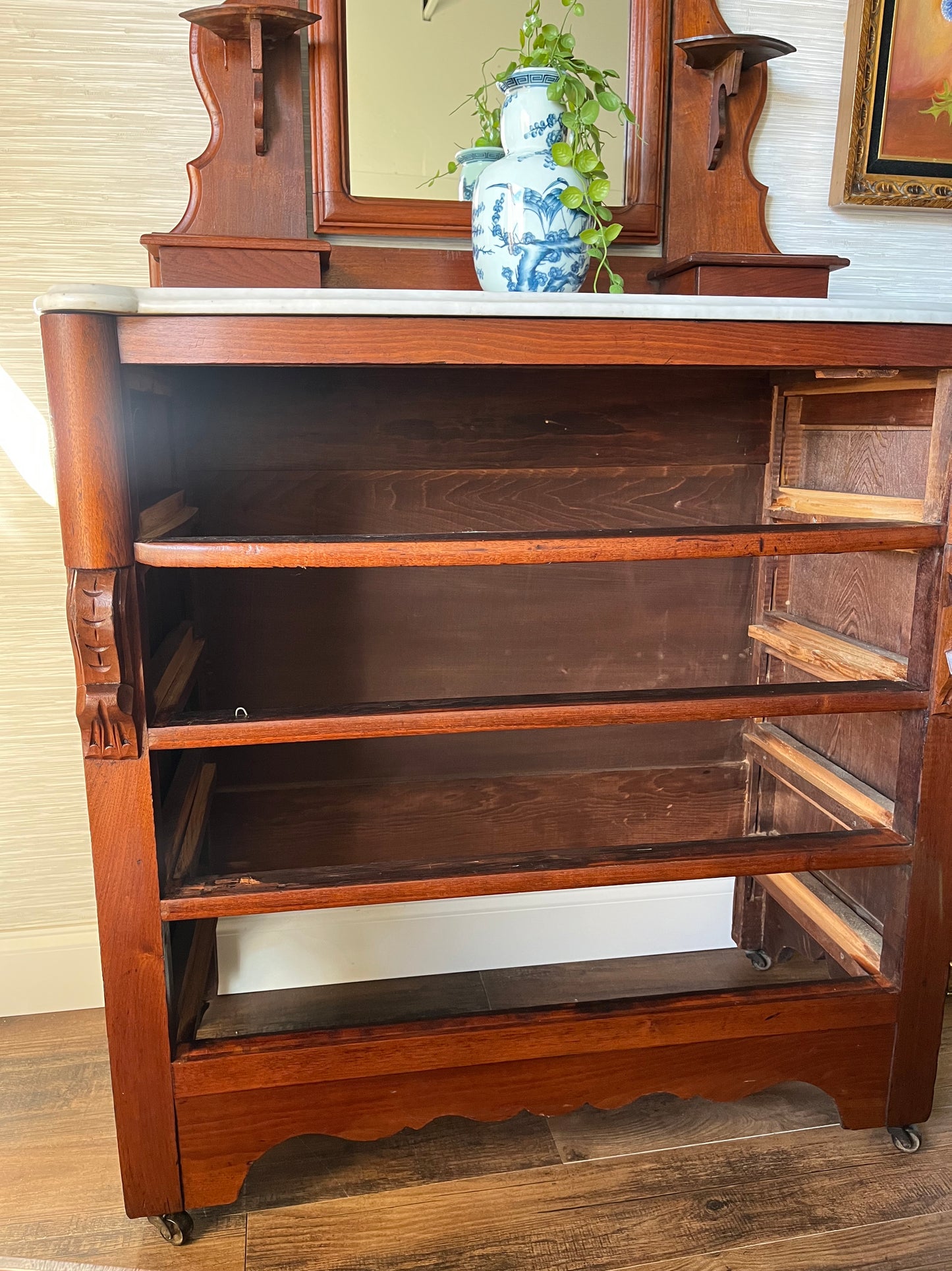 Antique 19th Century Flame Mahogany Eastlake Victorian 4 Drawer Italian Marble Top Dresser with Swivel Mirror