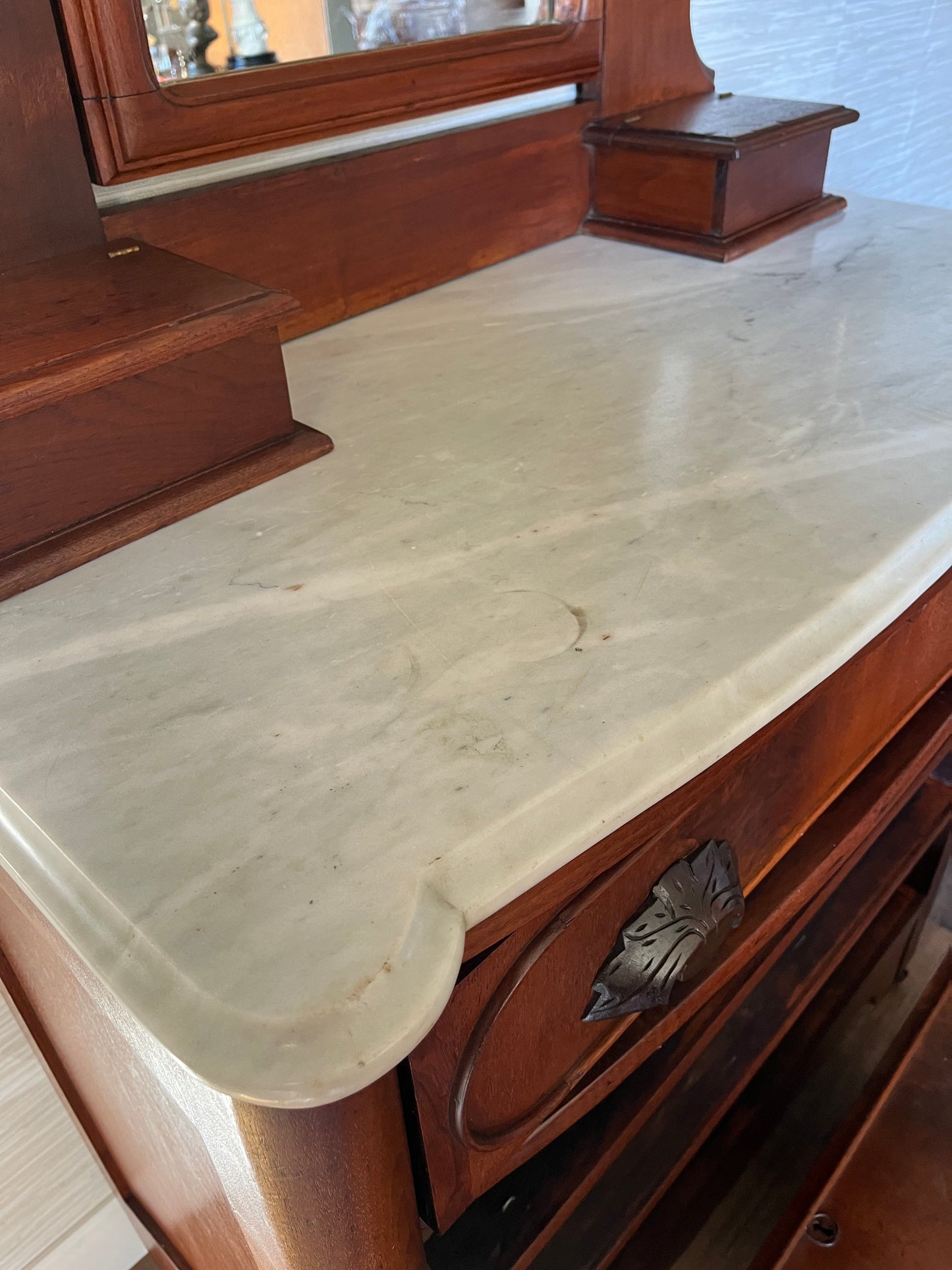 Antique 19th Century Flame Mahogany Eastlake Victorian 4 Drawer Italian Marble Top Dresser with Swivel Mirror