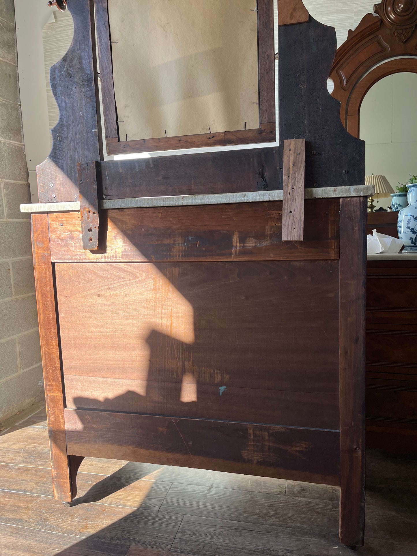 Antique 19th Century Flame Mahogany Eastlake Victorian 4 Drawer Italian Marble Top Dresser with Swivel Mirror