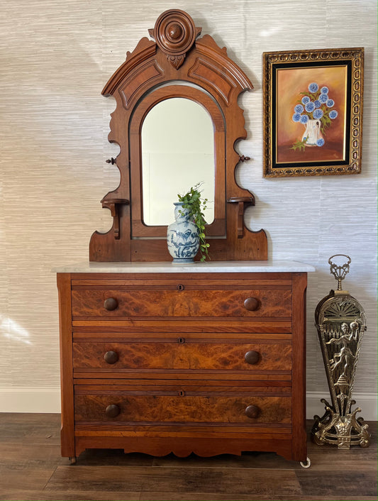 Early 19th Century Eastlake Victorian 3 Drawer Dresser with Swivel Mirror and Marble Top
