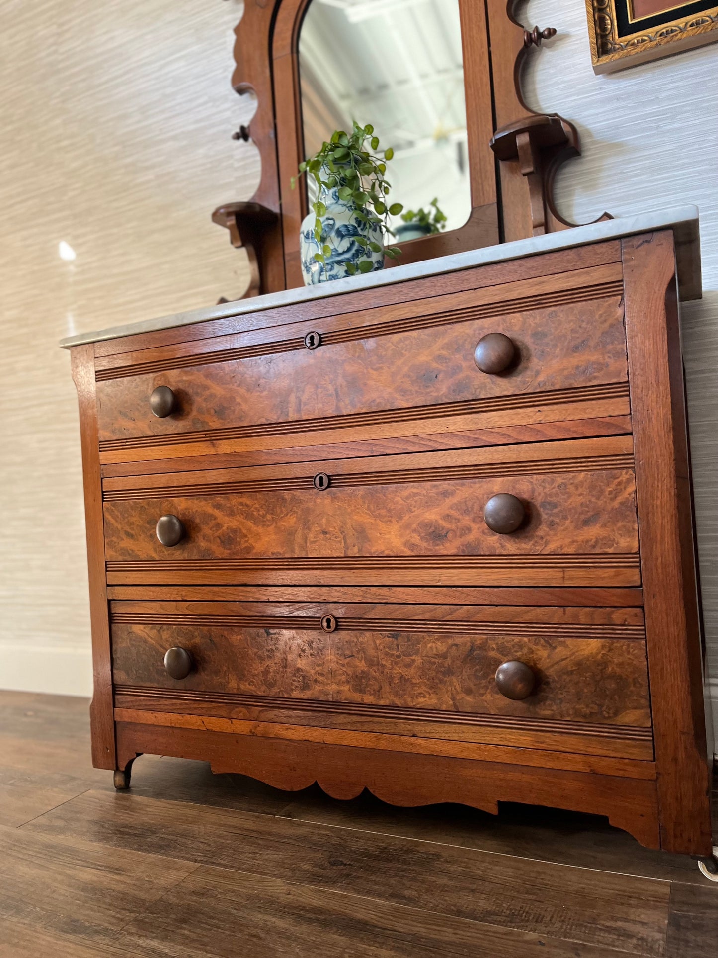 Early 19th Century Eastlake Victorian 3 Drawer Dresser with Swivel Mirror and Marble Top