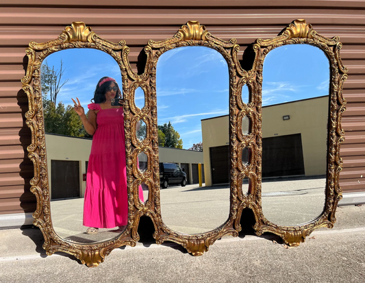 Large Bold Vintage Hollywood Regency Copperish Gold Triptych Wall Mirror - 1960s-1970s Mid Century Statement Piece for Home Decor