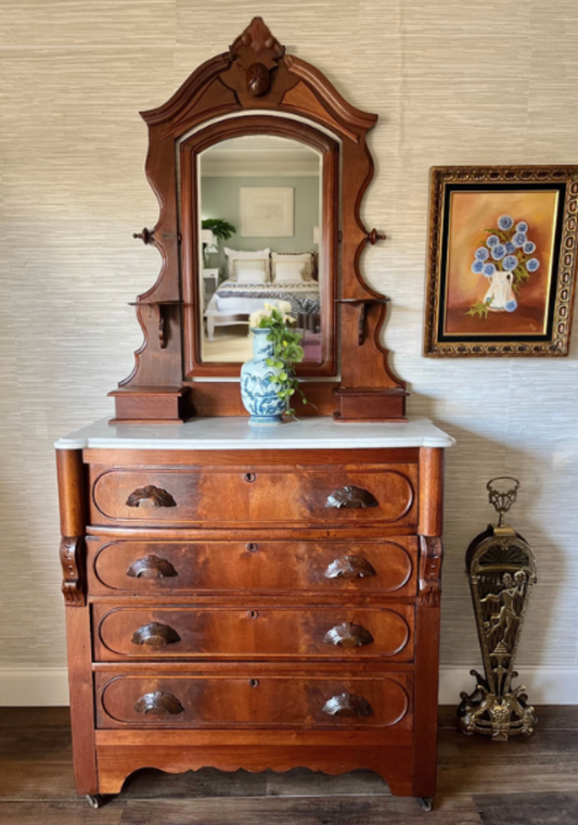 Antique 19th Century Flame Mahogany Eastlake Victorian 4 Drawer Italian Marble Top Dresser with Swivel Mirror