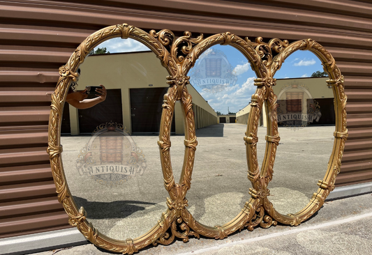 Vintage Triple Oval Ornate Gold Wall Mirror – Attributed to Bassett | Hollywood Regency French Provincial Style