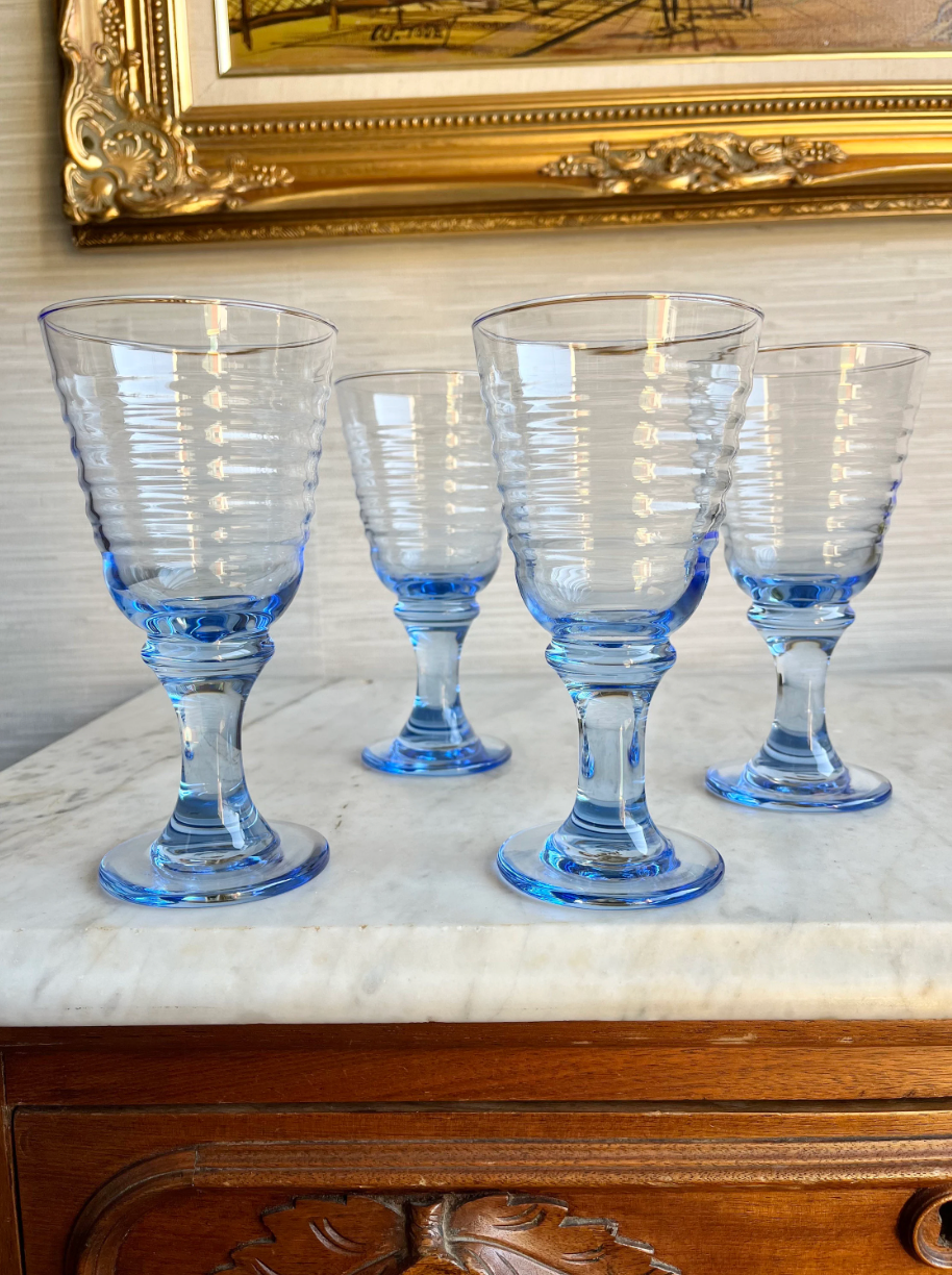 Set of 4 Indiana Glass Co. Recollection Madrid blue footed water/wine offers goblets.