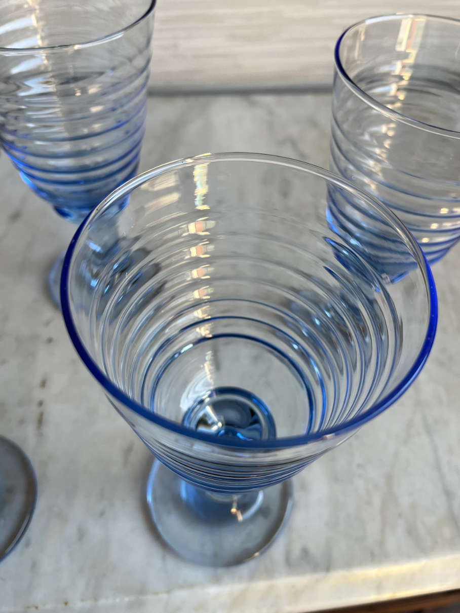Vintage Blue Libbey Sirrus Footed Water Wine Glasses Goblets Set of 4