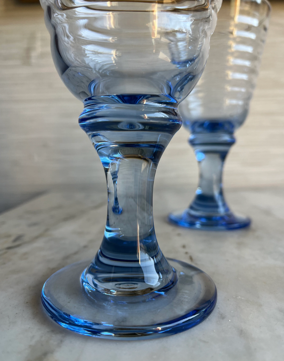 Vintage Blue Libbey Sirrus Footed Water Wine Glasses Goblets Set of 4