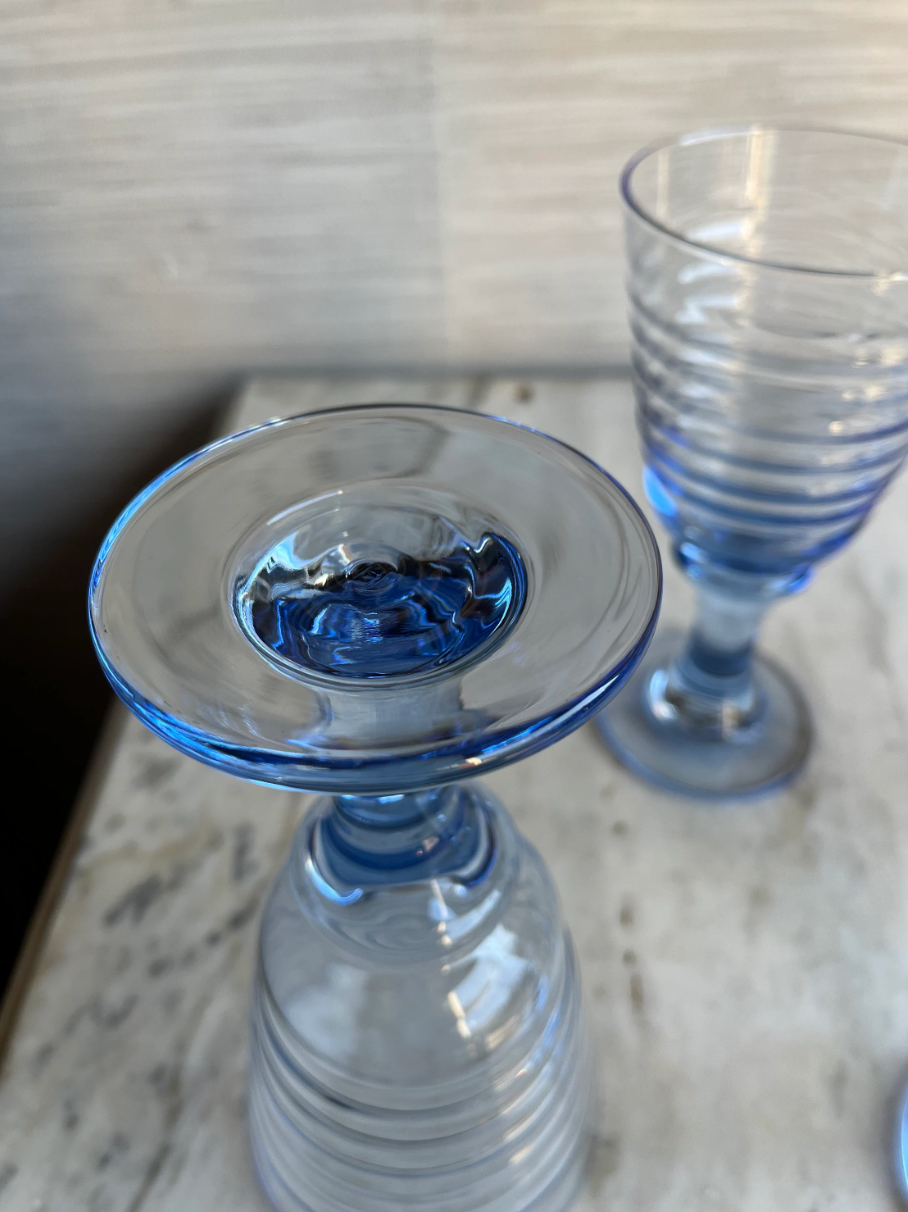 Vintage Blue Libbey Sirrus Footed Water Wine Glasses Goblets Set of 4