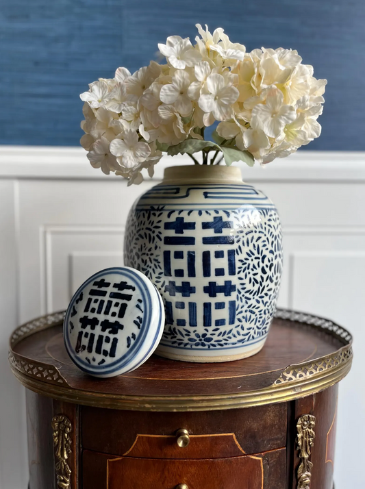 Antique Hand-Painted Blue & White Porcelain Double Happiness Vase Ginger Jar with Lid – Circa 1920s–1940s