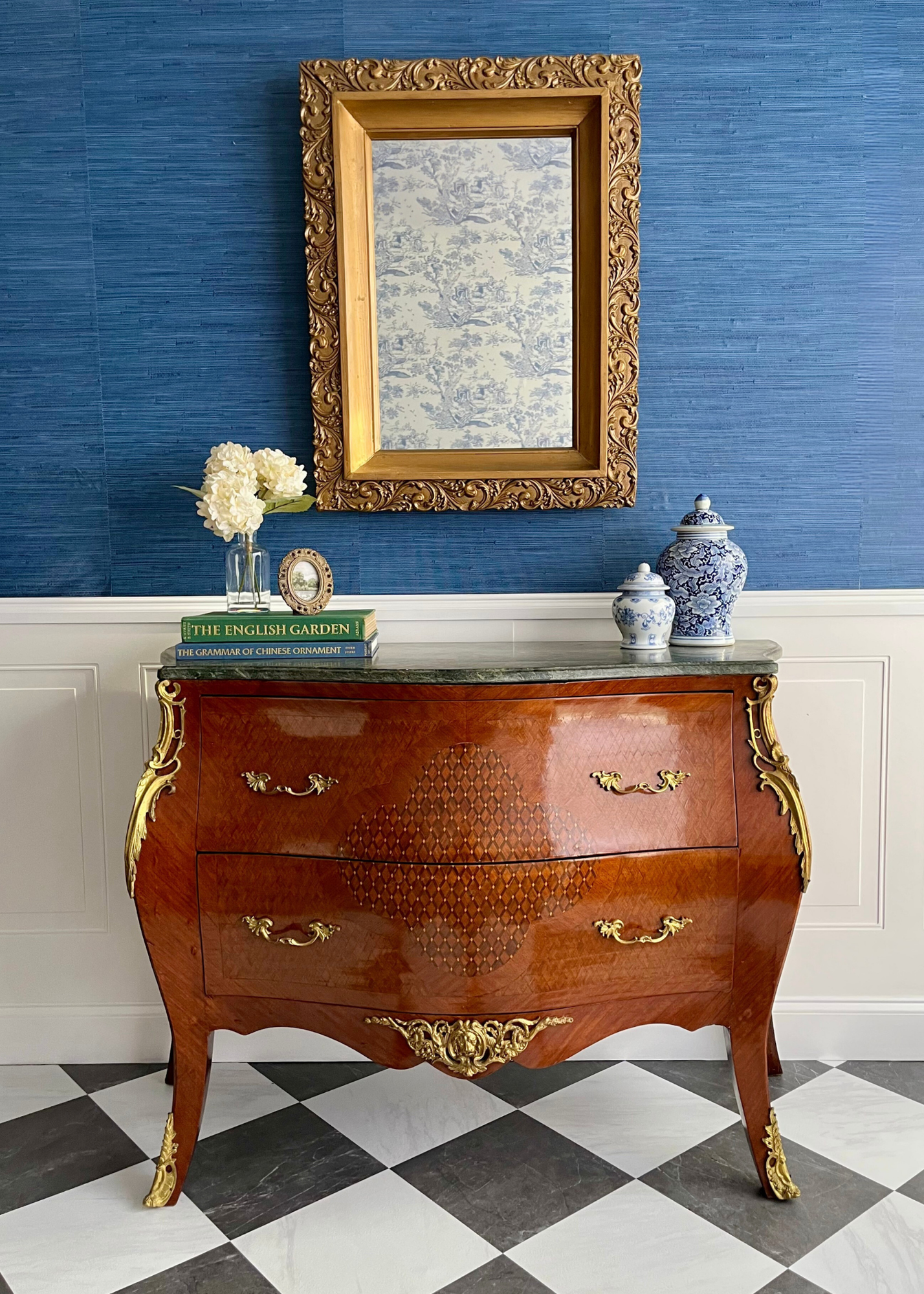 Vintage French Marquetry Bombe Commode Chest Dresser with Green Marble Top & Gilt Brass