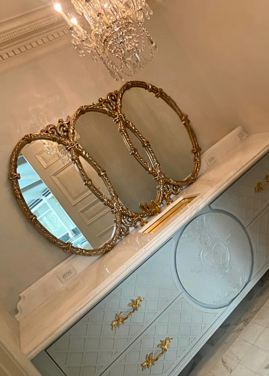 Vintage Triple Oval Ornate Gold Wall Mirror – Attributed to Bassett | Hollywood Regency French Provincial Style