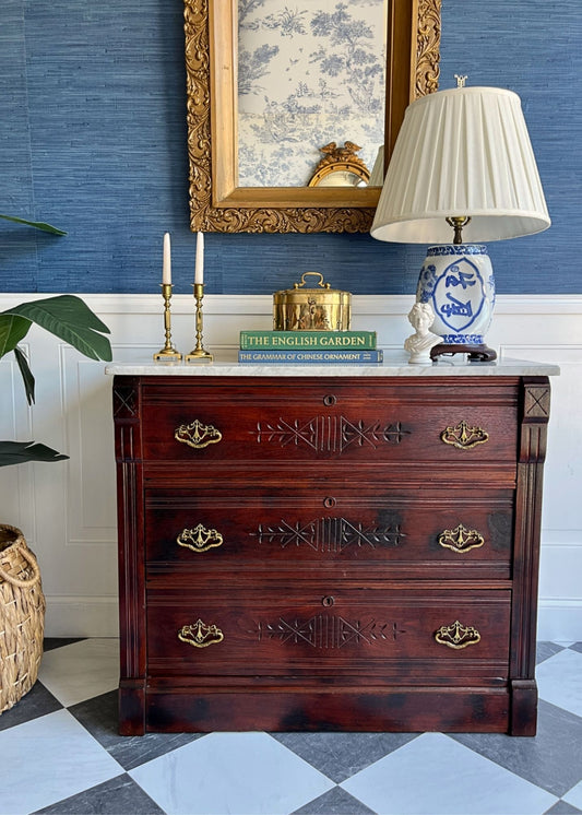 Antique Eastlake 19th Century Marble Top Dresser Hand Carved Spoon Detail Solid Wood Chest Original Brass Hardware
