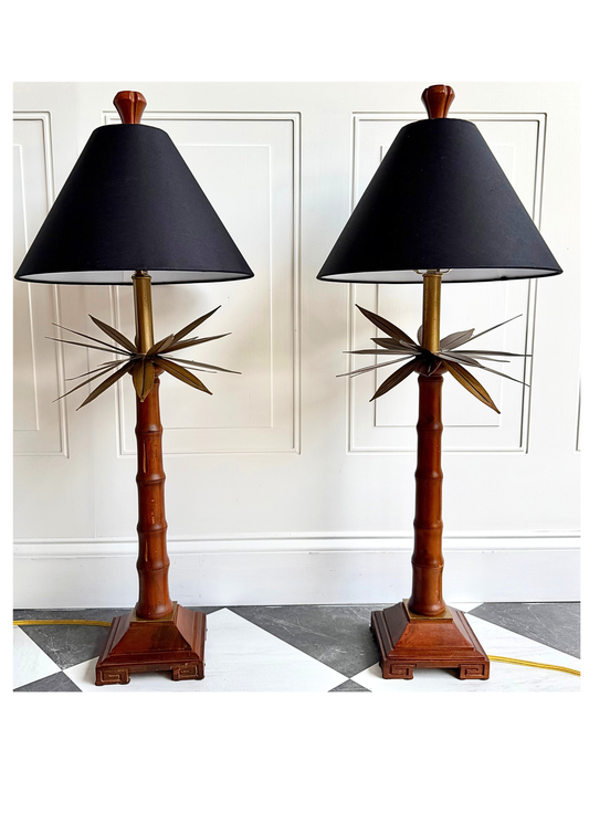 Vintage 1970s Hollywood Regency Palm Tree Faux Bamboo Table Lamps Pair