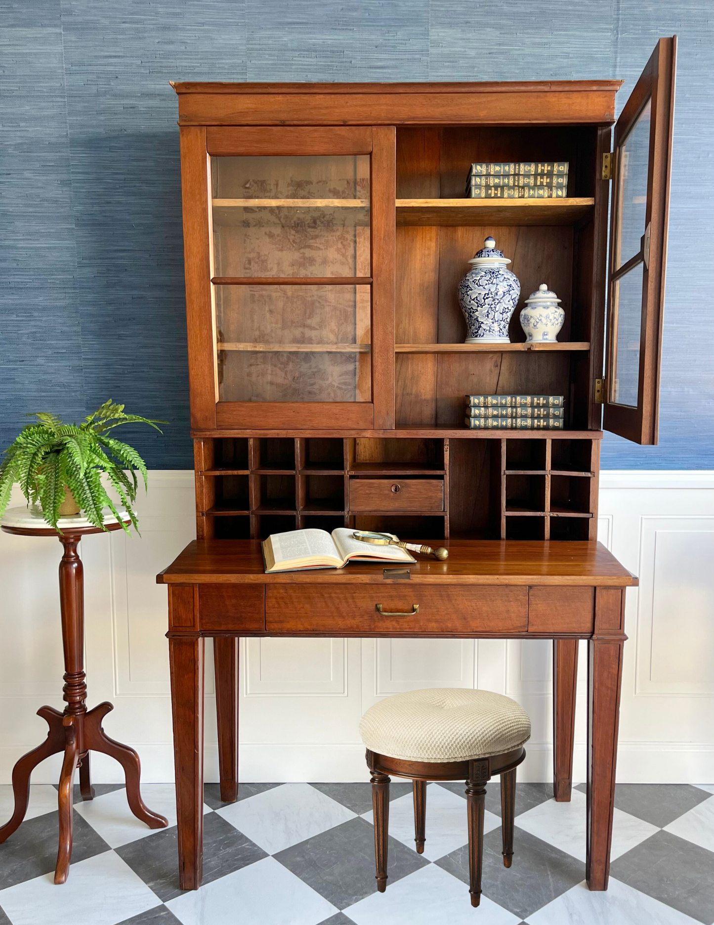 Rare Antique Hand Crafted Secretary Hutch Cabinet Federal Desk with Original Hand Blown Wavy Glass | Adjustable Shelves, Solid Walnut, Circa 1850s